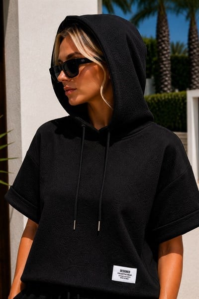 Kapüşonlu Kısa Kol Modal Sweatshirt