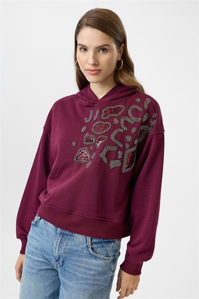 Kapüşonlu Boncuk Nakışlı Crop Sweatshirt