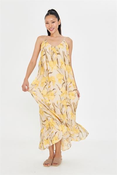 V Yaka Askılı Desenli Elbise