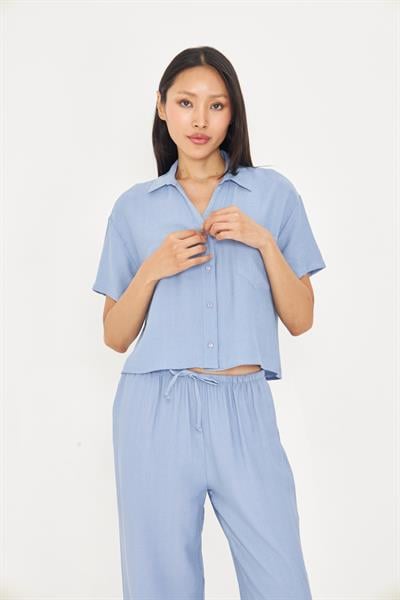 Cepli Kısa Keten Görünümlü Gömlek