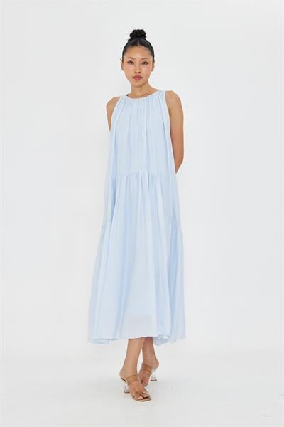 Sıfır Kol Fırfırlı Uzun Elbise