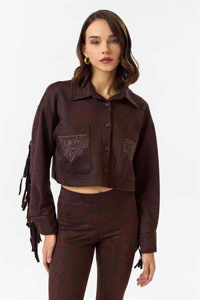 Püsküllü Nakışlı Süet Gömlek