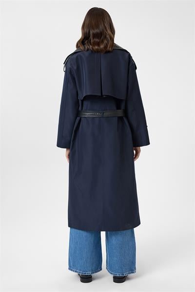 Deri Detaylı Uzun Trençkot