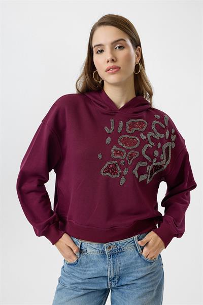 Kapüşonlu Boncuk Nakışlı Crop Sweatshirt
