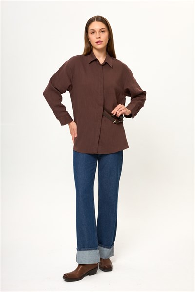 Kemer Detaylı Keten Karışımlı Gömlek