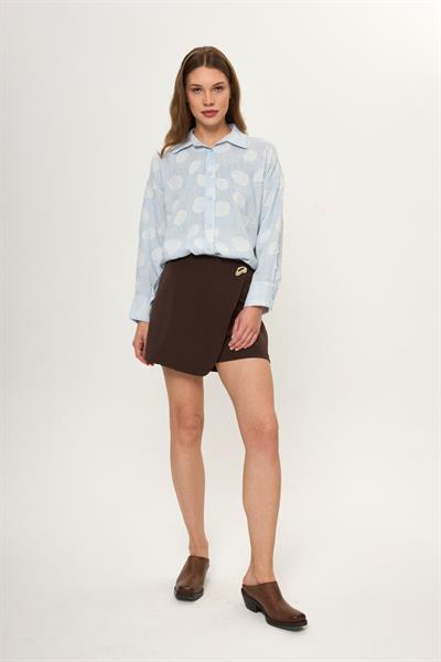 Mavi Keten Görünümlü Jakarlı Rahat Kesim Kadın Gömlek