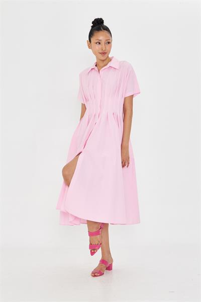 Pileli Gömlek Yaka Poplin Elbise