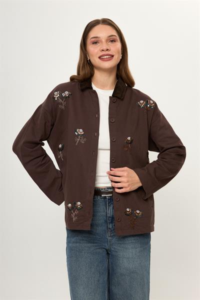 Kadife Yakalı Nakışlı Pamuklu Ceket