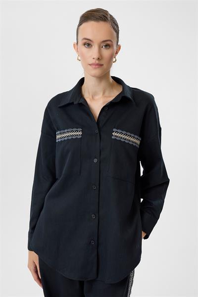 Nakışlı Keten Karışımlı Gömlek