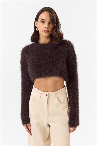 Bisiklet Yaka Crop Kazak