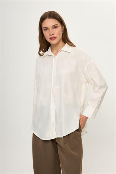 Jakarlı Keten Görünümlü Gömlek