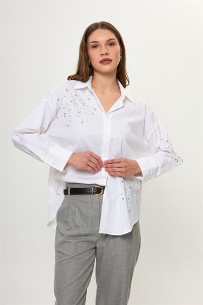 Önü ve Kolu Taşlı Poplin Gömlek 