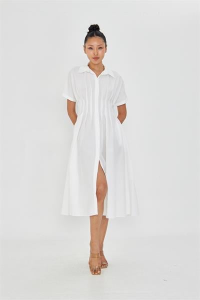 Pileli Gömlek Yaka Poplin Elbise