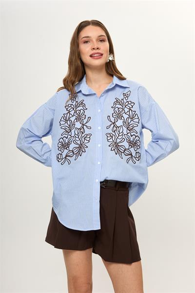 Nakışlı Çizgili Poplin Gömlek