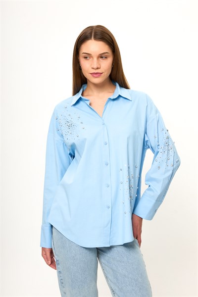 Önü ve Kolu Taşlı Poplin Gömlek
