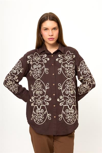 Kahve %100 Pamuk Balıksırtı Desenli Nakış İşlemeli Kadın Gömlek