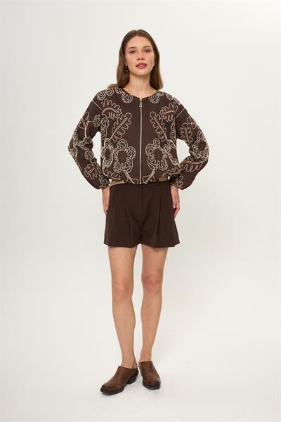 Kahve %100 Pamuk Nakış İşlemeli Kadın Bomber Ceket