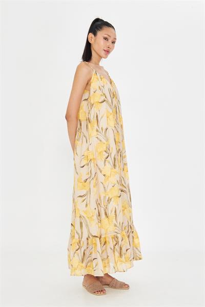 V Yaka Askılı Desenli Elbise