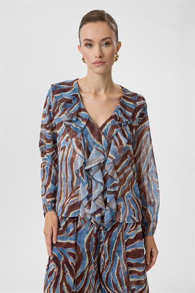 Volanlı Desenli Şifon Bluz