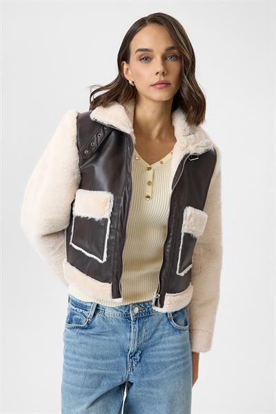 Çift Cepli Deri Peluş Mont