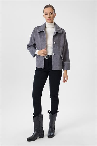 Cep Kapaklı Düğmeli Kaşe Kısa Kaban