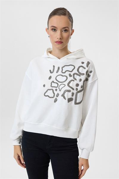 Kapüşonlu Boncuk Nakışlı Crop Sweatshirt