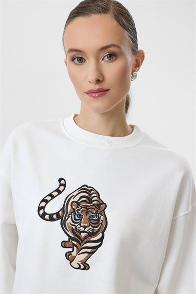 Kaplan Nakışlı Arkası Baskılı Sweatshirt