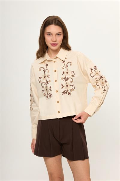 Bej %100 Pamuk Nakışlı Desenli Kadın Gömlek