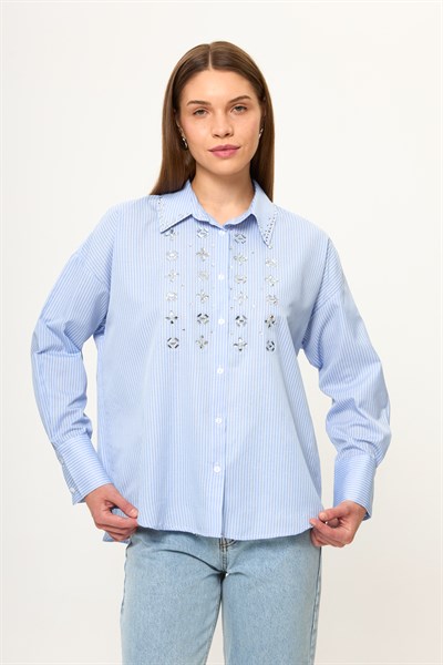 Taş İşlemeli Çizgili Gömlek