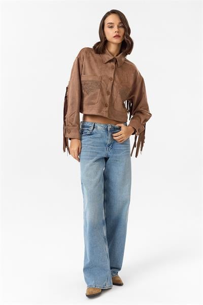 Püsküllü Nakışlı Süet Gömlek