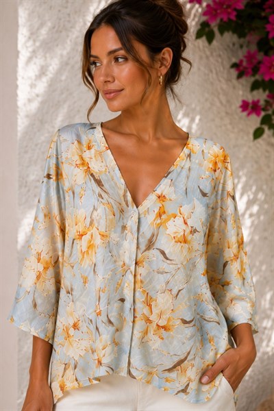 Desenli V Yaka Kısa Kimono