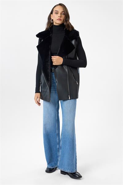 Kruvaze Yaka Fermuarlı Deri Peluş Yelek
