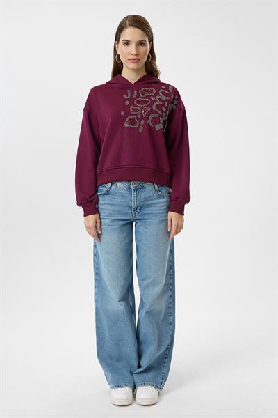 Kapüşonlu Boncuk Nakışlı Crop Sweatshirt