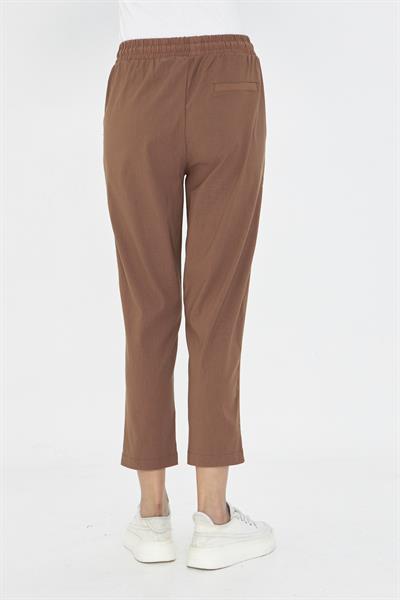 Lastikli Düğmeli Havuç Kesim Pantolon - Kahve