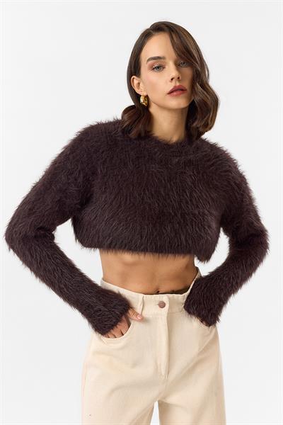 Bisiklet Yaka Crop Kazak