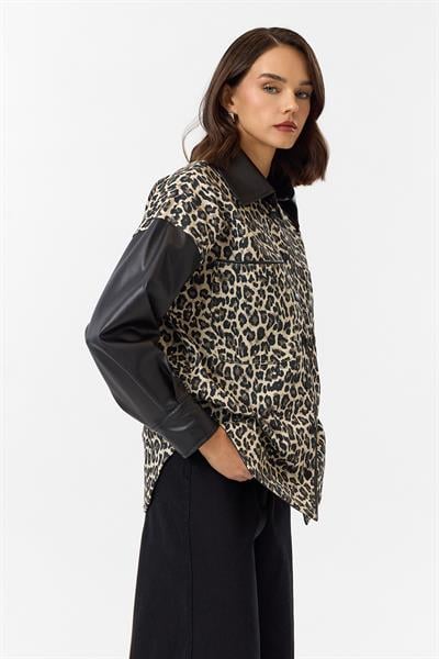 Deri Garnili Leopar Gabardin Gömlek