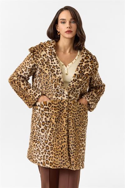 Kapüşonlu Cepli Leopar Peluş Kürk 