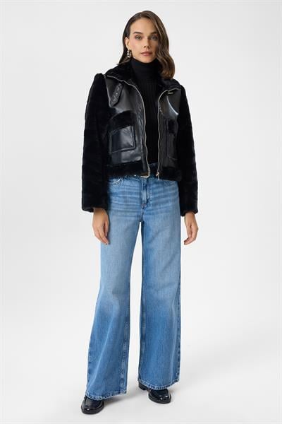 Çift Cepli Deri Peluş Mont