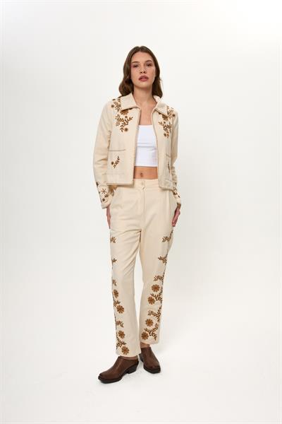 Bej %100 Pamuk Etnik Nakışlı Kadın Pantolon