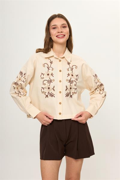 Bej %100 Pamuk Nakışlı Desenli Kadın Gömlek