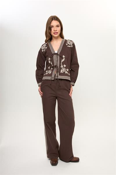 Kahverengi %100 Pamuk Nakış Detaylı Kadın Pantolon