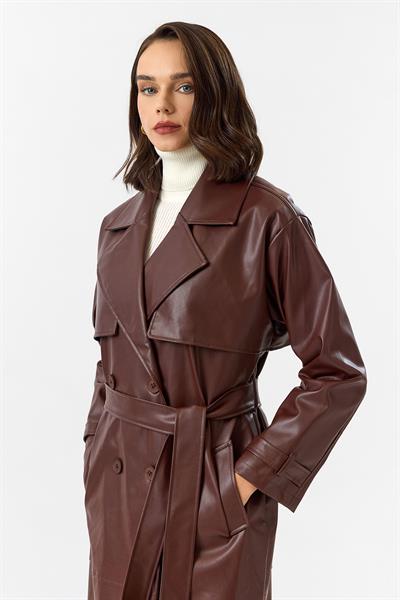 Allerli Kuşaklı Deri Trençkot 