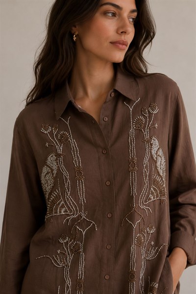 Kuş ve Çiçek Boncuk İşlemeli Oversize Gömlek