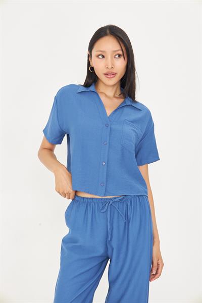 Cepli Kısa Keten Görünümlü Gömlek