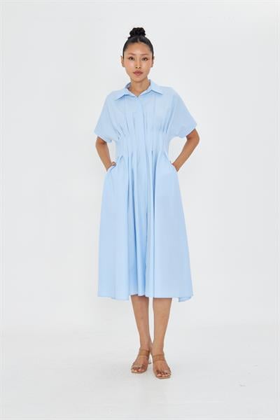 Pileli Gömlek Yaka Poplin Elbise