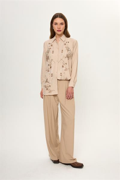 Kuş ve Çiçek Boncuk İşlemeli Oversize Gömlek