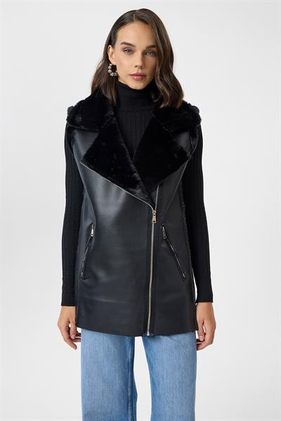 Kruvaze Yaka Fermuarlı Deri Peluş Yelek