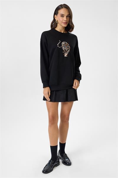 Kaplan Nakışlı Arkası Baskılı Sweatshirt