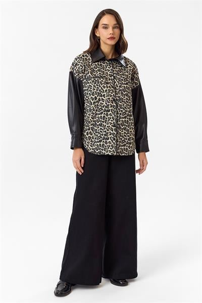 Deri Garnili Leopar Gabardin Gömlek