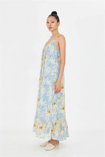 V Yaka Askılı Desenli Elbise